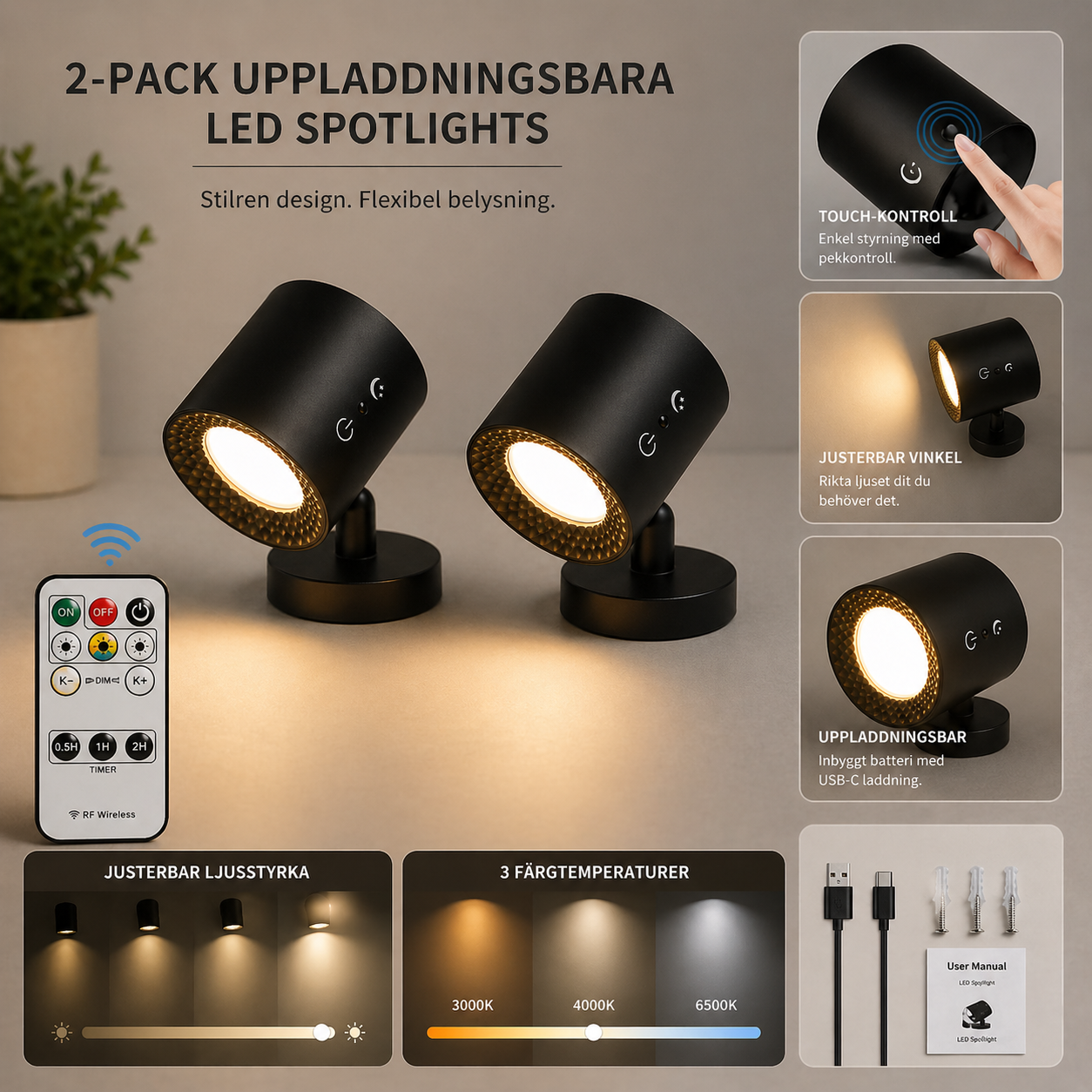 Dubbelljus | Roterbar LED-vägglampa (2-pack)